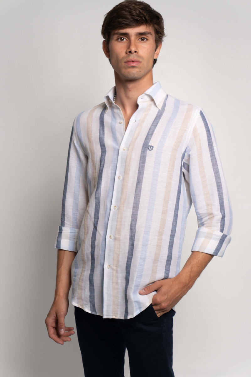 CAMISA RAYAS LINO AZUL BEIG