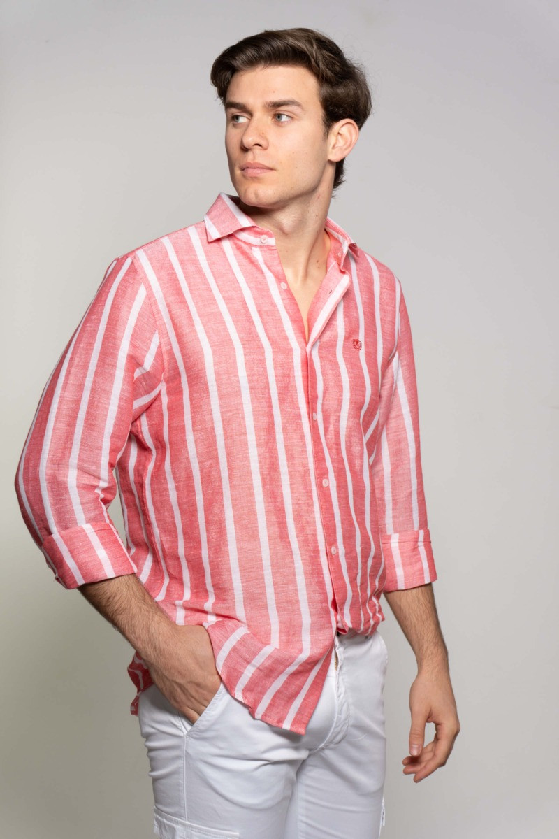 CAMISA LINO ALGODON RAYAS CORAL