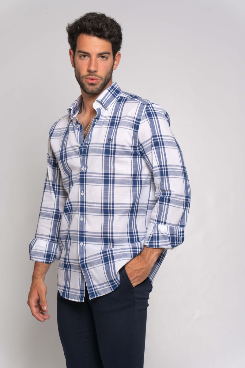 CAMISA ALGODON LINO CUADRO AZUL