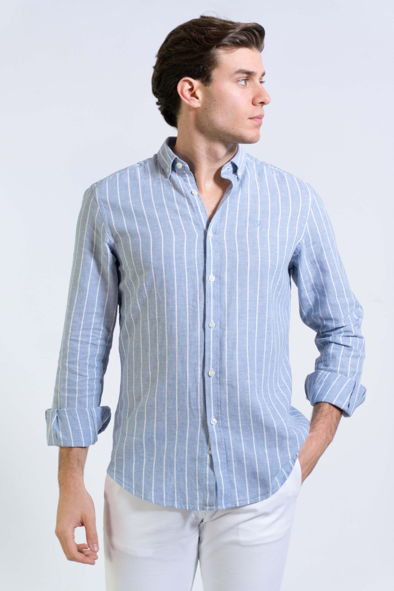 CAMISA RAYA ALGODON LINO CELESTE